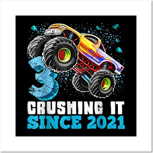 3 Crushing It Since 2021 Monster Truck 3th Birthday Gift Boy Posters and Art